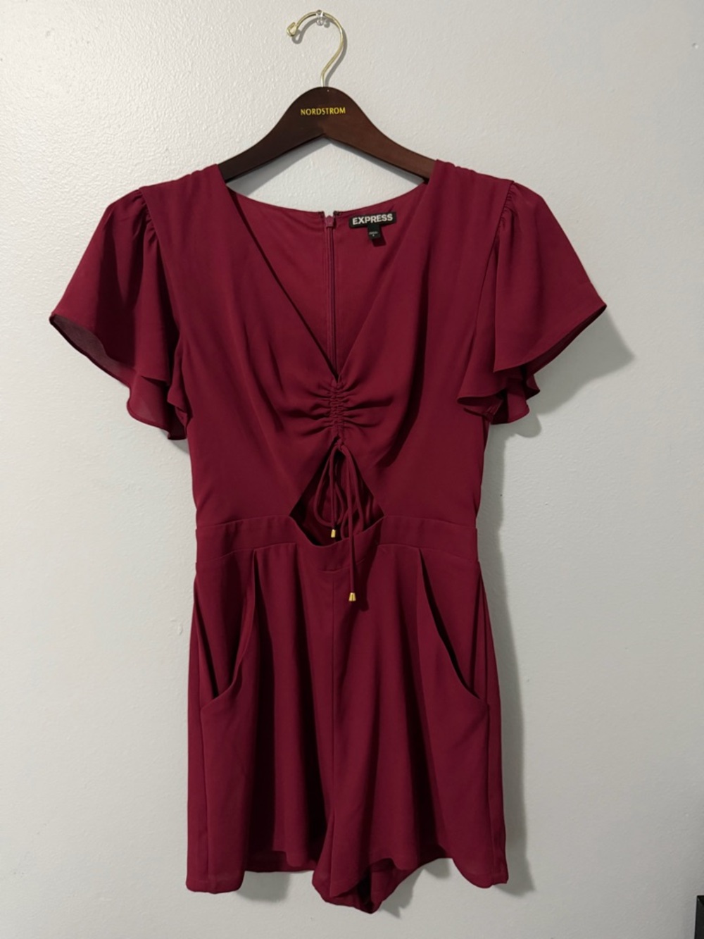 Express Burgundy Flutter-Sleeve Mini Romper with Front Tie
